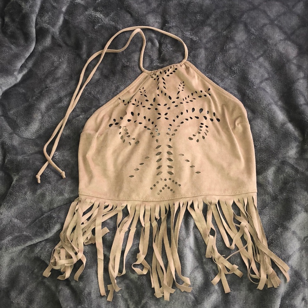 cute fringe faux suede crop top/halter